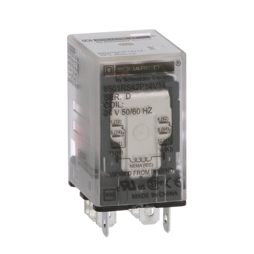 Product image for Square D 8501RS42P14V14 24 VAC 10 Amp DPDT 2CO Socket Mount AC Operated Miniature Plug-In Relay