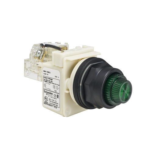 Product image for Square D 9001SKT35G31 30 mm 24/28 VAC/VDC Green Lens Plastic Bezel Push to Test Round Pilot Light