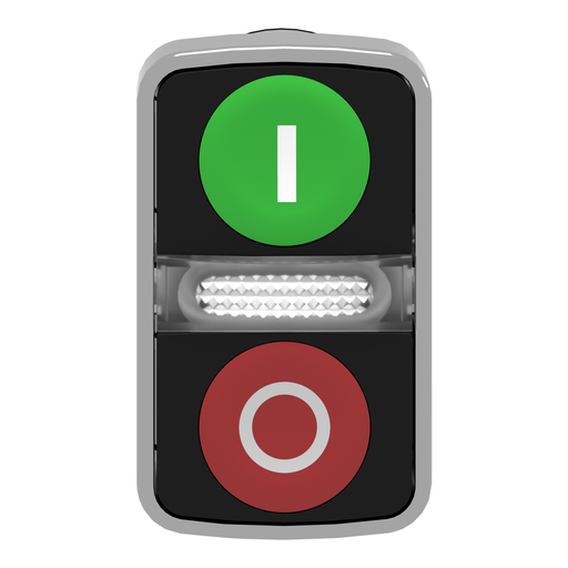 Mayer-DDS-Illuminated double headed push button head, Harmony XB4, metal, 22mm, 1 green flush marked I + 1 pilot light + 1 red flush marked O-2