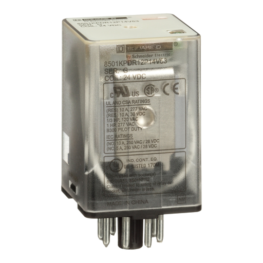 Product image for Square D 8501KPDR12P14V53 24 VDC 10 Amp DPDT Plug-In Relay with LED