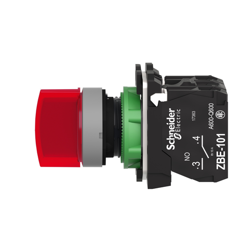 Mayer-DDS-Illuminated selector switch, Harmony XB5, universal LED, grey bezel, red handle, 22mm, 3 positions, stay put, 1NO + 1NC, 24V AC DC-2