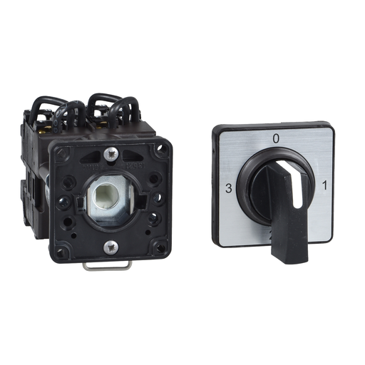 Mayer-DDS-Cam ammeter switch, Harmony K, 22mm, plastic, 3 positions, position 0, 90°, 12A, 45x45mm, metallic legend, marked 0 L1 L2 L3, 35mm black handle-1
