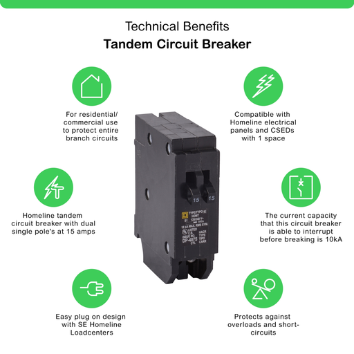 Mayer-DDS-Tandem circuit breaker, Homeline, 2 x 1 pole at 15A, 120/240VAC, 10kA AIR, plug in, UL-2