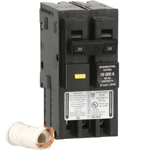HOM225GFI - [TAA] Mini circuit breaker, Homeline, 25A, 2 pole, 120/240VAC, 10kA AIR, ground fault class A, plug in, UL