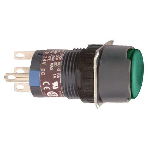Mayer-DDS-Illuminated monolithic push button, Harmony XB6E, round green flush, 16mm, spring return, 24V DC, 1CO-1