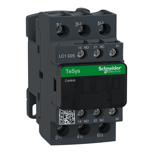 Product image for Square D LC1D25E7 IEC Contactor, TeSys Deca, Nonreversing, 25A, 15HP at 480VAC, to 100kA SCCR, 3Phase, 3 NO, 48VAC 50/60Hz Coil, Open