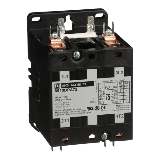 Product image for Square D 8910DPA72V14 24 VAC 75 Amp 2-Pole 2NO NEMA 1 Non-Reversing Definite Purpose Contactor