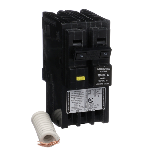 HOM230GFIC - Mini circuit breaker, Homeline, 30A, 2 pole, 120/240VAC, 10kA AIR, ground fault class A, plug in, UL [TAA]