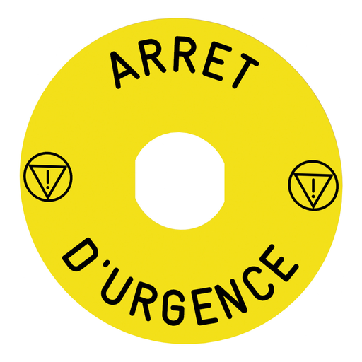 Mayer-DDS-Marked legend, Harmony XB4, plastic, yellow, 90mm, for emergency stop, marked ARRET D'URGENCE with logo ISO13850-2