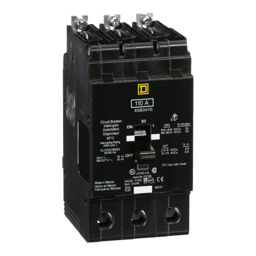 Product image for Square D EGB34110 3-Pole 110 Amp 480 Star/277 Volt Thermal Magnetic Miniature Circuit Breaker