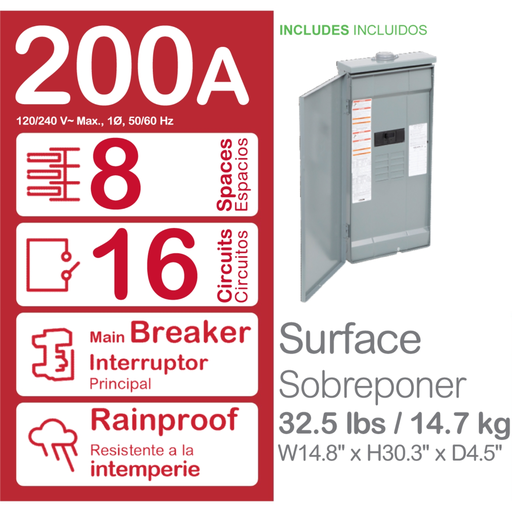 Mayer-DDS-Load center, Homeline, 1 phase, 8 spaces, 16 circuits, 200A convertible main breaker, PoN, NEMA3R, feedthru-2