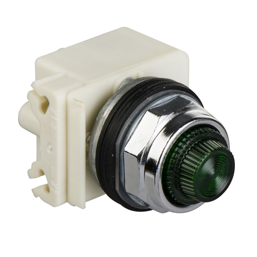 Product image for Square D 9001KT38LGG6 30 mm 120 VAC Green Lens Metal Bezel LED Push to Test Round Pilot Light