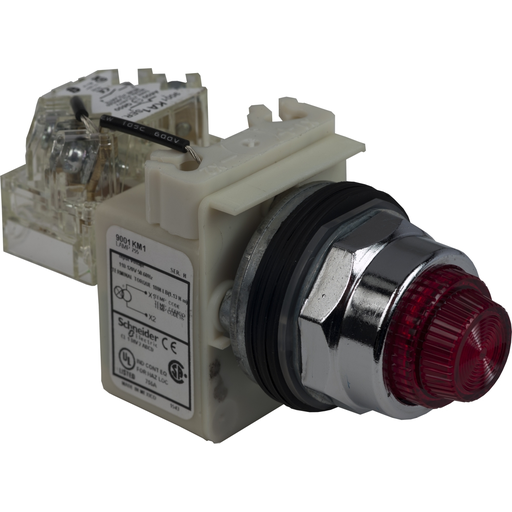 Product image for Square D 9001KT1R31 30 mm 110/120 Volt Red Lens Metal Bezel Push to Test Round Pilot Light