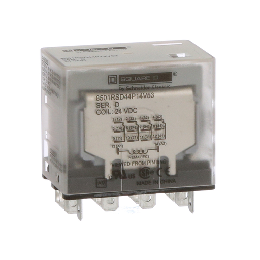 Product image for Square D 8501RSD44P14V53 24 VDC 10 Amp 4PDT 4CO Socket Mount DC Operated Miniature Plug-In Relay