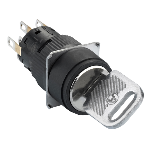 Mayer-DDS-Monolithic selector switch, Harmony XB6E, round black key, 16mm, 3 positions, projecting keylock, stay put, 2CO, key 132-1