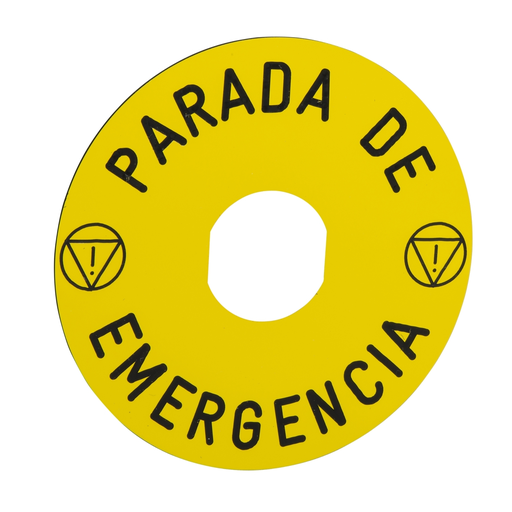 Mayer-DDS-Marked legend, Harmony XB4, Harmony XB5, yellow, 90mm, for emergency stop, marked PARADA DE EMERGENCIA/logo ISO13850-1
