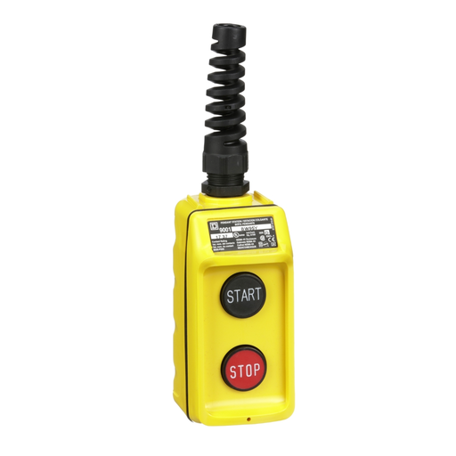 9001BW95Y - Pendant Station, 2 push buttons, not interlocked, NO contacts, START STOP, yellow enclosure, 600 VAC 5 A