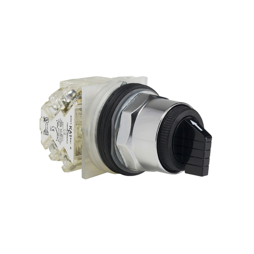 Mayer-DDS-30mm push button, Type K, 3 position selector switch, 6A inductive at 120VAC, 2NO/2NC contacts, black knob, NEMA 4, 13-1