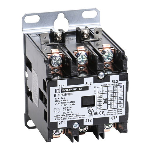 Product image for Square D 8910DPA33V02U1 110/120 VAC 30 Amp 3-Pole NEMA 1 Non-Reversing Definite Purpose Contactor