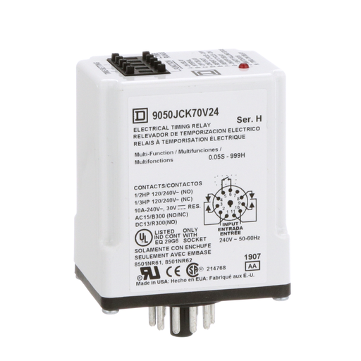 Product image for Square D 9050JCK70V24 240 VAC Coil 10 Amp DPDT Plug-In Socket Mount AC Timing Relay