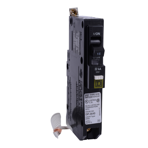 Mayer-DDS-Mini circuit breaker, QO, 15A, 1 pole, 120VAC, 22kA, bolt on, ARC fault, pigtail-1
