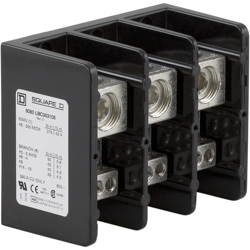 Mayer-DDS-Power distribution block, Linergy, 3 pole, 1 line, 6 load, 380A Cu, 600V-1