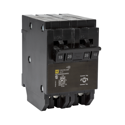 Mayer-DDS-Quad tandem circuit breaker, Homeline, 1 x 2 pole at 15A, 1 x 2 pole at 25A, 120/240VAC, 10kA AIR, plug in, UL-1