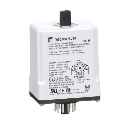 Product image for Square D 9050JCK26V20 120 VAC 110 VDC Coil 10 Amp DPDT Plug-In Socket Mount AC/DC Timing Relay