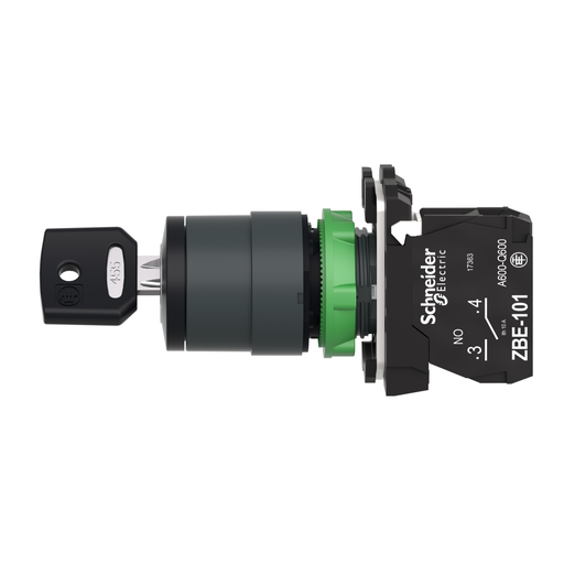 Mayer-DDS-Key switch selector, Harmony XB5, plastic, black, 22mm, key 455, 2 positions,stay put, 1 NO-2