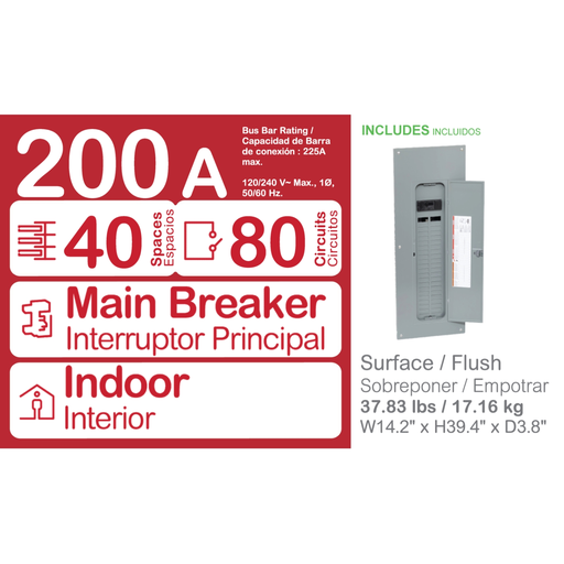 Mayer-DDS-Load center, Homeline, 1 phase, 40 spaces, 80 circuits, 200A convertible main breaker, PoN, NEMA1, combo cover-2