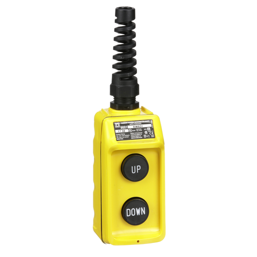 Product image for Square D 9001BW92Y 600 VAC/VDC 5 Amp 2NO Yellow Thermoplastic NEMA 1/3/3R/4/4X 2-Button 1-Speed Pendant Station