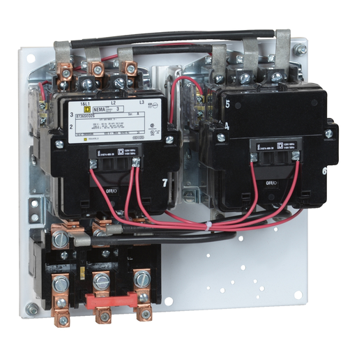 Mayer-DDS-NEMA starter, Type S, reversing, horizontal, Size 3, 90A, 50HP at 575VAC, 5kA SSCR, 3 phase, 3 pole, melting alloy overload, 120VAC coil, open [TAA]-1