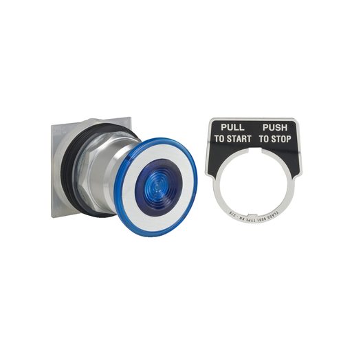 Mayer-DDS-30mm push button, Type K, blue illuminated momentary push pull mushroom, 24/28VAC full voltage, 1NO/1NC contact, NEMA 4-1