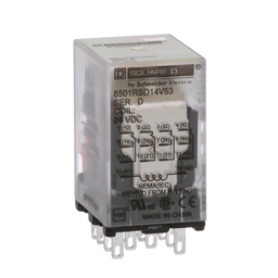 8501RSD14V53 – Plug in relay, Type R, miniature, 0.5 HP at 277 VAC, 8A resistive at 120 VAC, 14 blade, 4PDT, 4 NO, 4 NC, 24 VDC coil