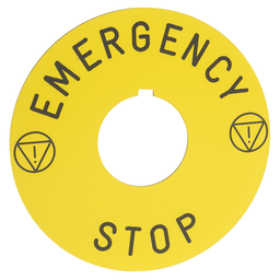 9001KN9330 – 30mm Push Button, Types K or SK, plastic legend plate, 60 mm diameter, yellow, black letters, marked EMERGENCY STOP