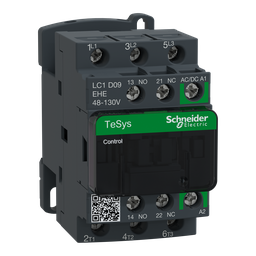 LC1D09EHE – IEC contactor, TeSys Deca Green, nonreversing, 9A, 5HP at 480VAC, up to 100kA SCCR, 3 phase, 3 NO, 48/130 VAC/VDC coil, open