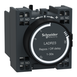 LADR23 – Time delay auxiliary contact block, TeSys Deca, 1NO   1NC, off delay 1-30s, front, spring terminals