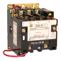 8502SCO1V02 – NEMA Contactor, Type S, nonreversing, Size 1, 27A, 3 HP at 230 VAC, 1 phase, up to 100 kA, 2 pole, 120 VAC coil, open