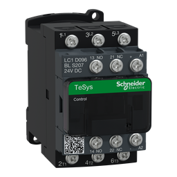 LC1D096BLS207 – IEC contactor, TeSys D, nonreversing, 9A, 5HP at 480VAC, 3 phase, 3 pole, 3 NO, low consumption 24VDC coil, open style