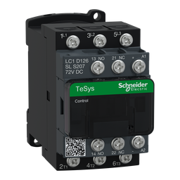 LC1D126SLS207 – IEC contactor, TeSys D, nonreversing, 12A, 7.5HP at 480VAC, 3 phase, 3 pole, 3 NO, low consumption 72VDC coil, open style
