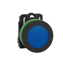 XB5FVB6 – Pilot light, Harmony XB5, antimicrobial, grey plastic, blue flush mounted, 30mm, universal LED, plain lens, 24V AC DC