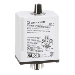 9050JCK28V20 – Timing Relay, Type JCK, plug In, off delay, adjustable time, 0.6 to 60 minutes, 10A, 240 VAC, 120 VAC/110 VDC
