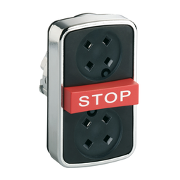 ZB4BA791 – Head for illuminated triple headed push button, Harmony XB4, metal, 22mm, 2 flush push buttons, 1 central projecting red STOP, spring return, unmarked