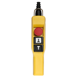 XACA2173 – Pendant control station, Harmony XAC, plastic, yellow, pistol grip, 2 booted push buttons with 2NO, 1 emergency stop NC