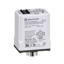 9050JCK70V20 – Timing Relay, Type JCK, plug In, multifunction, programmable, 0.5 second to 999 hours, 10A, 240 VAC, 120 VAC/110 VDC