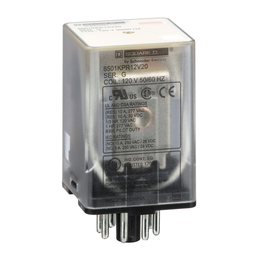 8501KPR12V20 – Plug in relay, Type KP, tubular, 1 HP at 277 VAC, 10A resistive at 120 VAC, 8 pin, DPDT, 2 NO, 2 NC, 120 VAC coil