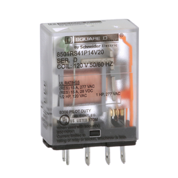 8501RS41P14V20 – Plug in relay, Type R, miniature, 1 HP at 277 VAC, 15A resistive at 120 VAC, 5 blade, SPDT, 1 NO, 1 NC, 120 VAC coil