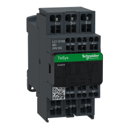 LC1D183BD – IEC contactor, TeSys Deca, nonreversing, 18A, 10HP at 480VAC, 3 phase, 3 pole, 3 NO, 24VDC coil, open style
