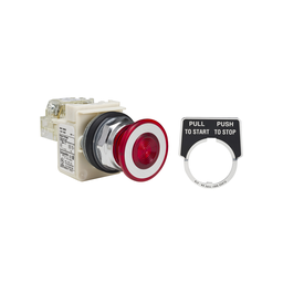 9001KR9P38RH13 – Illuminated push button, Harmony 9001K, metal, mushroom 41mm, red, 30mm, 2 positions, push pull, 120V, 1 changeover