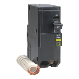 QO215GFICP – Mini circuit breaker, QO, 15A, 2 pole, 120/240VAC, 10kA, plug in, 6mA grd fault A, pigtail, consumer pack